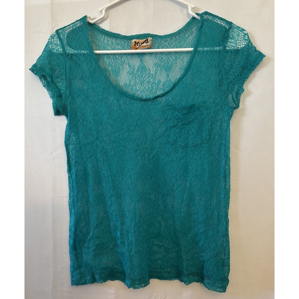 Mudd Sheer Top Mesh Lace Crochet Overlay Tropic Green Women's M Dainty BOHO
